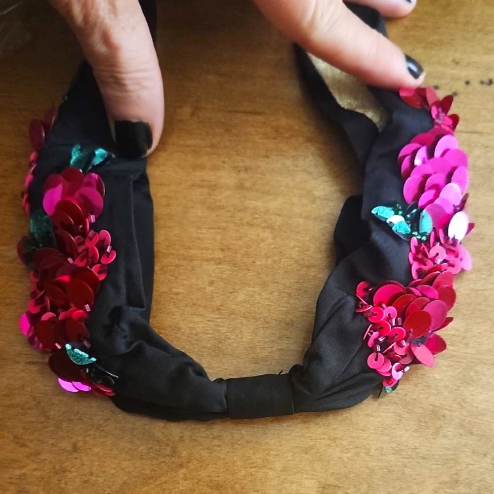 Black Headband with Pink & Green Gorgeous Sequins To Look Like Flowers